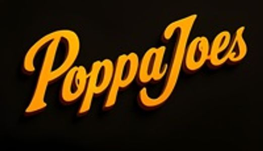 Logo of Poppa Joes in orange cursive on a black background.