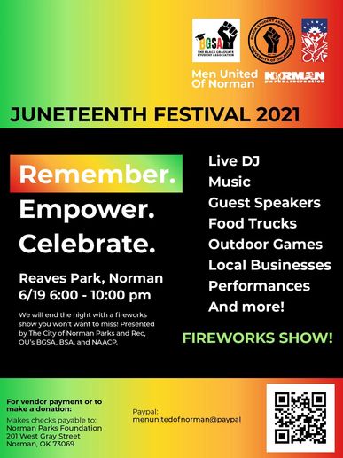 Green, black, yellow and red event flyer that lists the details of the 2021 Juneteenth Festival