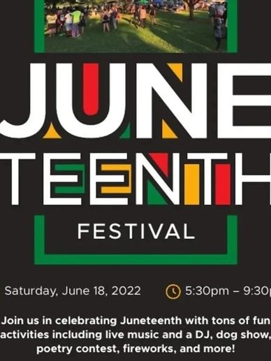 Green, black, yellow and red event flyer that lists the details of the 2022 Juneteenth Festival