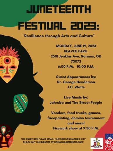 Green, black, yellow and red event flyer that lists the details of the 2023 Juneteenth Festival. 