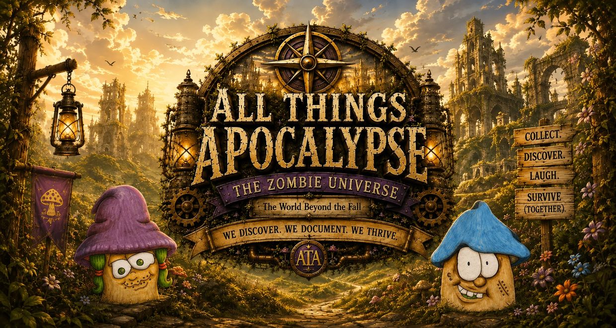 Fantasy apocalypse scene with mushroom characters and a detailed title.