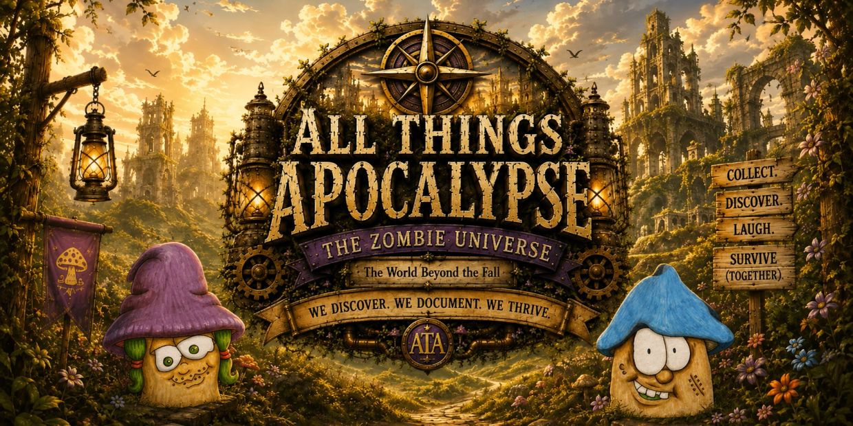 Fantasy apocalypse scene with mushroom characters and a detailed title.