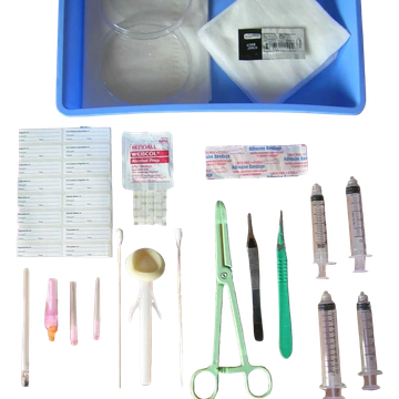 Medical kit with syringes, cotton, scissors, and other tools organized on a tray.