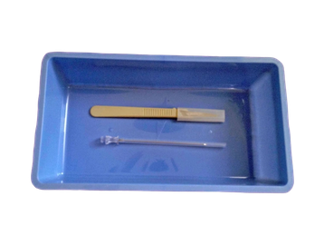 Blue tray with a scalpel and a metal instrument inside.