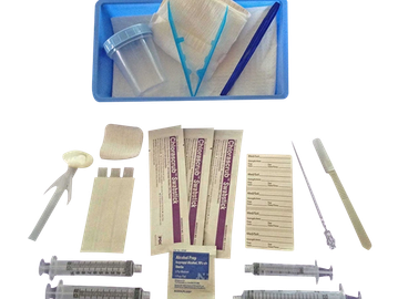 A medical testing kit with various tools and containers.
