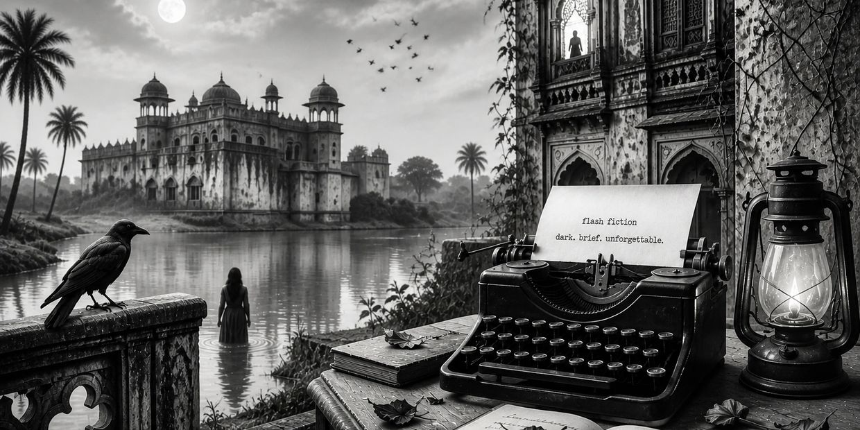A mysterious black-and-white scene with a typewriter, crow, woman in water, and ancient building under moonlight.
