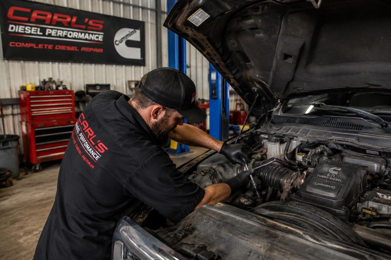 Mechanic working on a truck engine in a diesel repair shop.