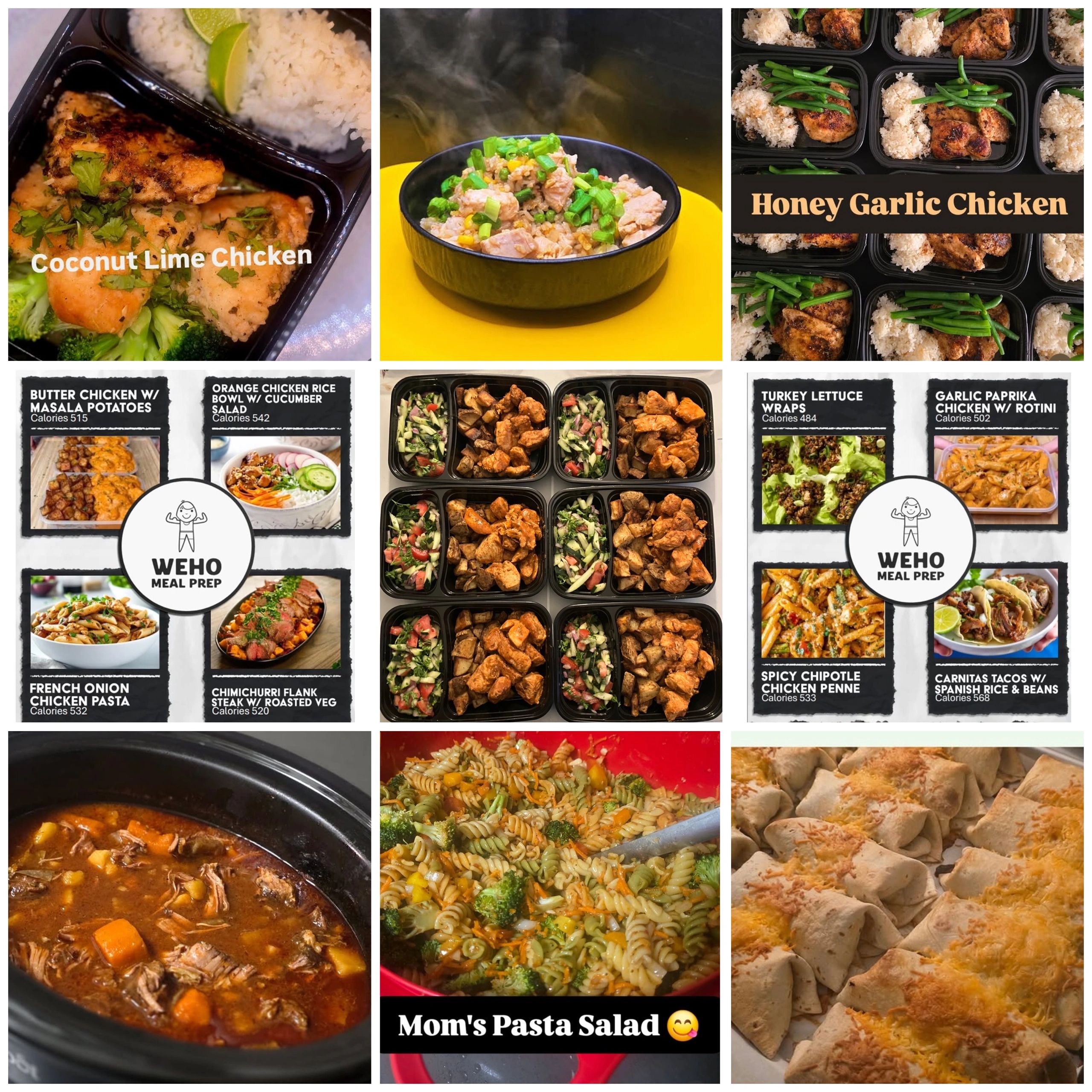 Collage of premade meals packaged to go.
Menus of premade meals for purchase.