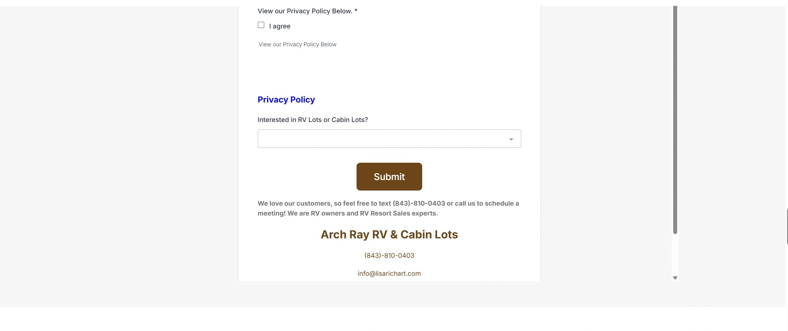Form to agree with privacy policy and inquire about RV or cabin lots.