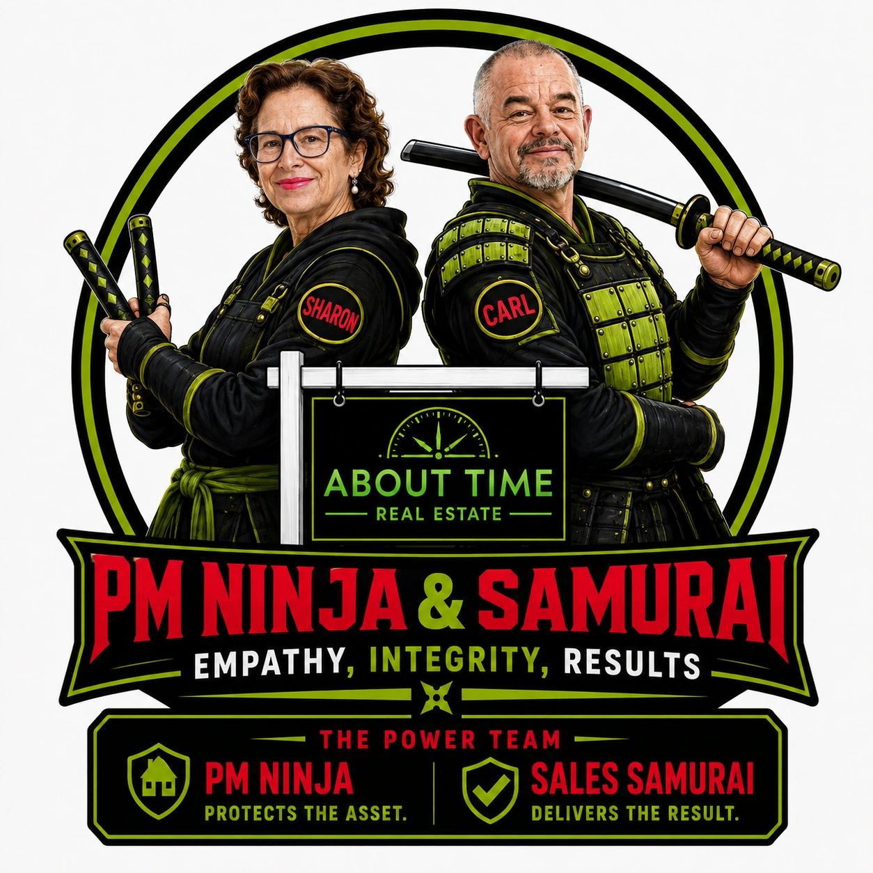 Two real estate agents, Sharon and Carl, dressed as a ninja and samurai.