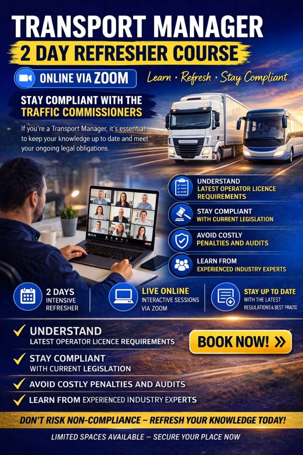 Online 2-day refresher course for transport managers via Zoom.