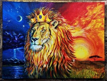 I Am - The Lion of Judah, with fire in this prophetic, 18x24 stretch museum canvas in acrylics. 