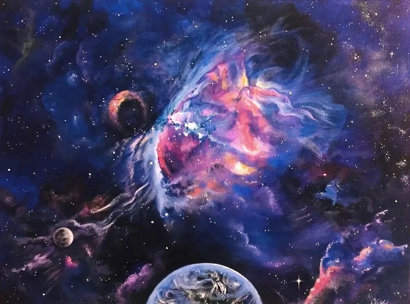 Acrylics on 16 x 20 canvas showing the Orion Nebula and the nursery for baby stars  in the cosmos.