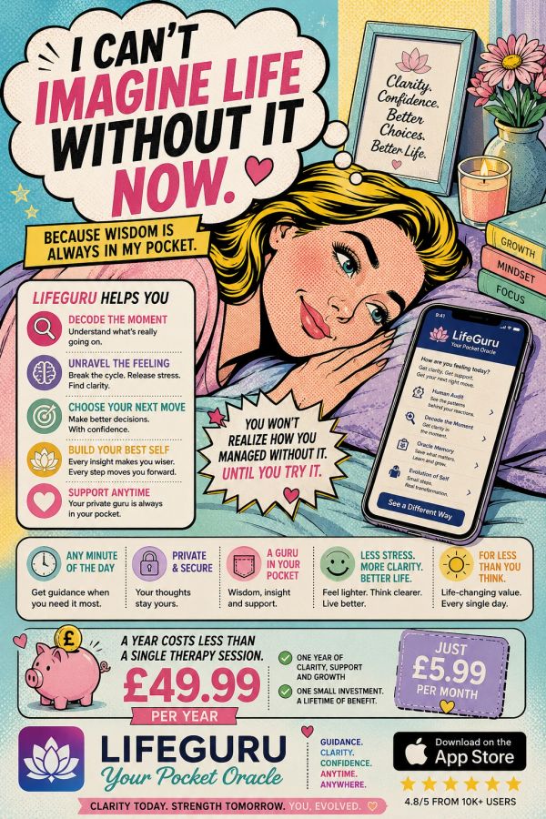 LifeGuru ad promoting clarity, confidence, and better life with pocket wisdom.