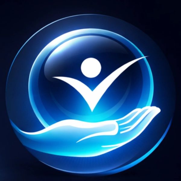 Glowing blue hand holding a circle with a person symbol inside.