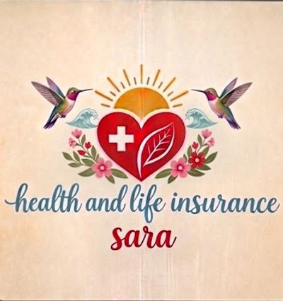 Health and life insurance logo with heart, sun, hummingbirds, and flowers.
