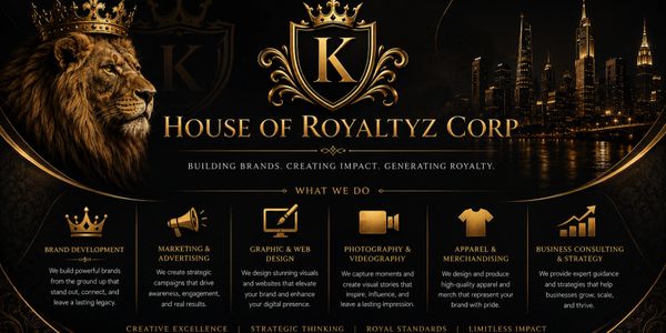 Luxurious branding poster with a crowned lion and city skyline emphasizing royalty and business services.