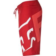 Red board shorts with white graphic design and side pocket.