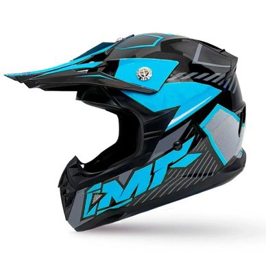 Black and blue motocross helmet with a visor and bold design.