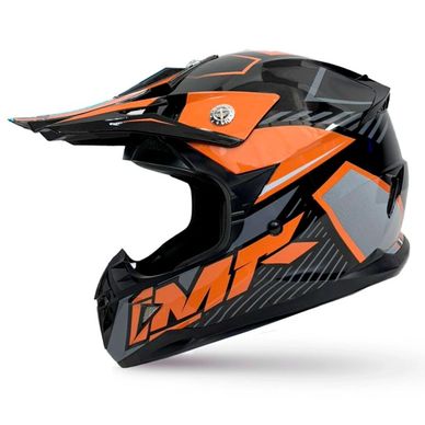 Black and orange motocross helmet with bold graphics and visor.