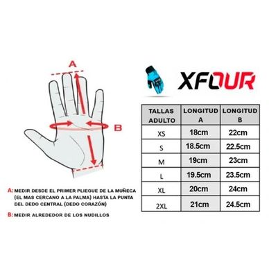 Hand measurement guide with glove size chart for adults.