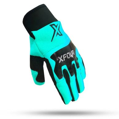 A teal and black glove with 'XFOUR' branding.