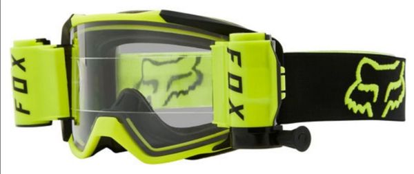 Bright yellow and black Fox motocross goggles with clear lens and adjustable strap.