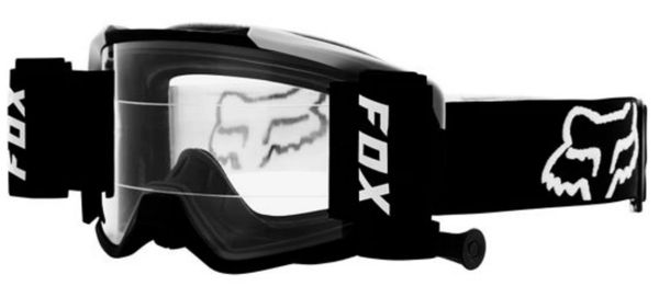 Black Fox motocross goggles with clear lens and adjustable strap.
