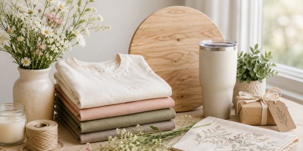 Stack of folded shirts on a wooden table with flowers and gifts.
