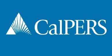 CalPERS logo with white text and triangular design on blue background.