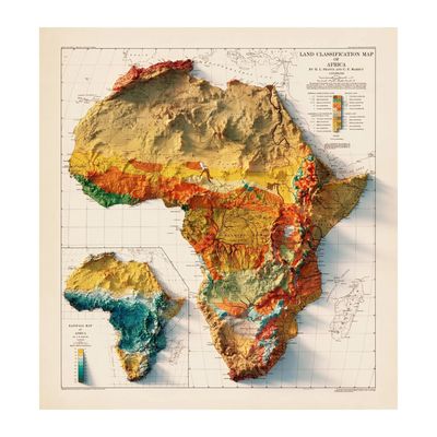 Relief and land classification map of Africa showing various terrains and elevations.