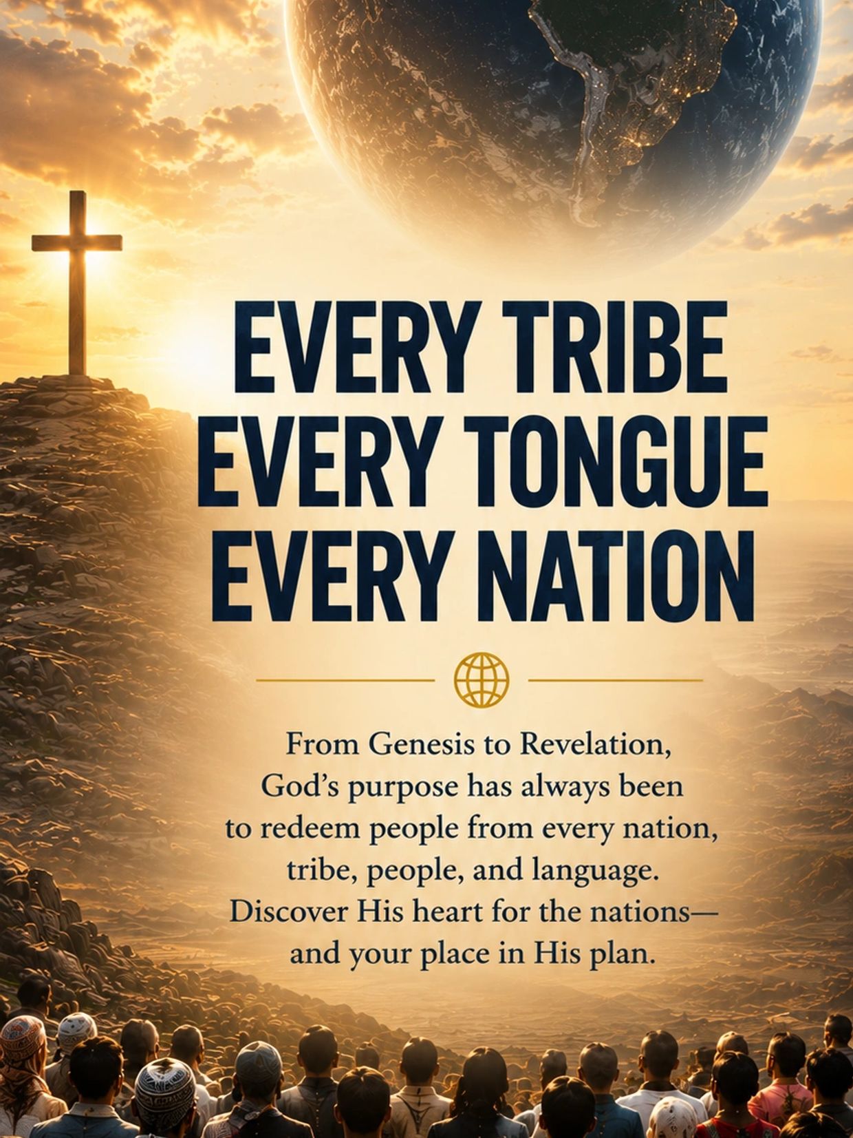 Message of unity and redemption across all nations and cultures with a cross and globe.
