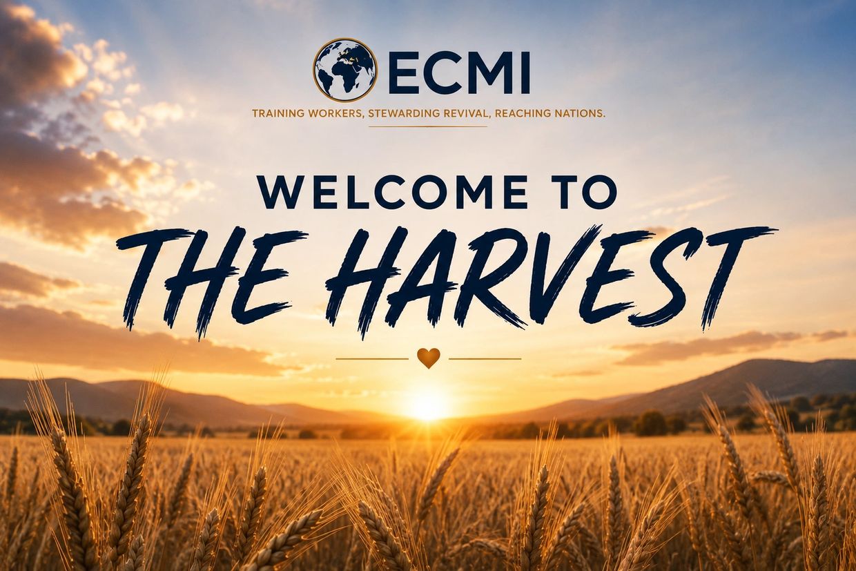 Sunset over a wheat field with the text 'Welcome to The Harvest'.