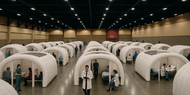 Modular inflatable medical units set up inside a large emergency facility.