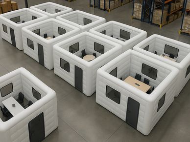 Modular AirWall™ inflatable rooms set up in a warehouse.