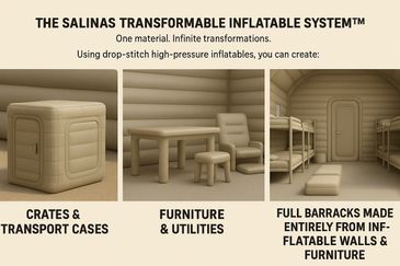 Lightweight inflatable military gear and furniture that becomes rigid and mission-ready in minutes.