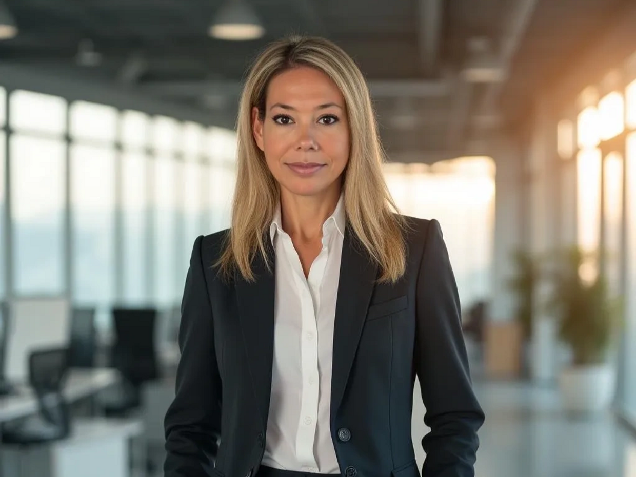 Confident businesswoman in a modern office setting with natural light.