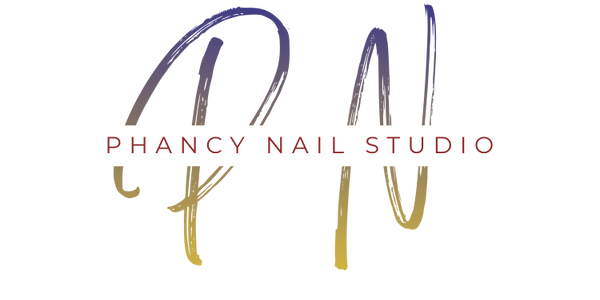 Elegant logo for Phancy Nail Studio with gold script and red text.