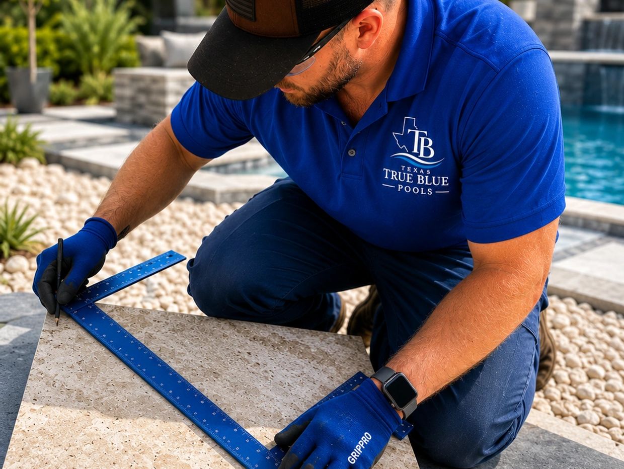 Worker measuring and marking a tile near a pool.