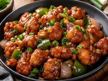 A bowl of spicy, saucy cauliflower florets garnished with green onions and peppers.