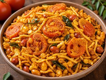 A bowl of spicy Indian snack mix with sev, peanuts, and fried tomato slices.