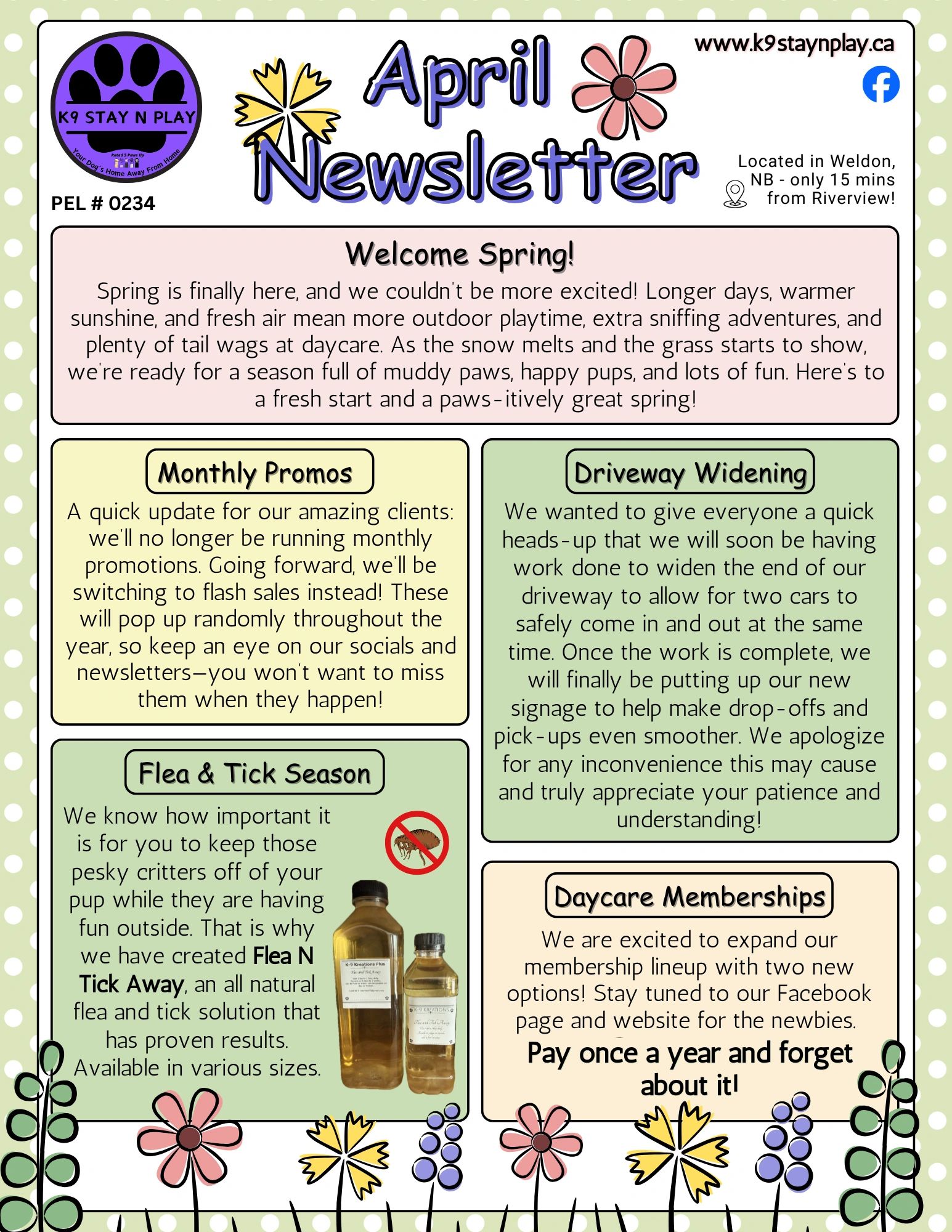 April newsletter from K9 Stay N Play with spring updates, promos, and membership info.