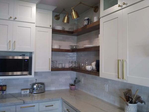 Crown Cabinets: Pioneer XL door: Maple in Designer White paint, Alder wood with Natural/Onyx glaze