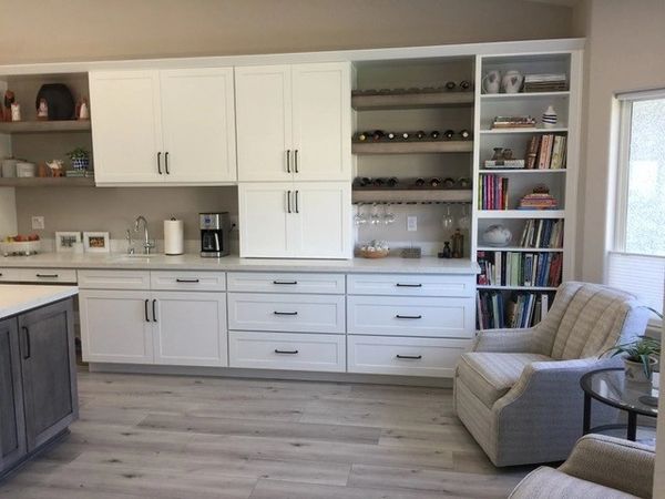 Fashion Cabinets: Shaker door style in PG White paint for perimeter and Shaker door in Maple wood in