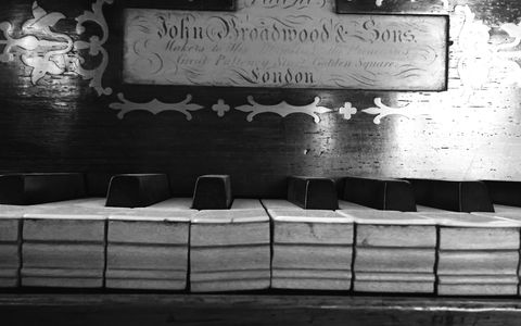 Black and white close up photo. Piano keys. John Broadwood & Sons.