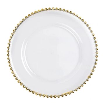 White decorative charger plate with gold pearled edge. 