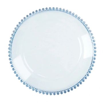 Decorative charger plate in transparent blue with blue pearled edge. 