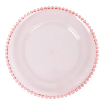 Decorative charger plate in transparent pink with pink pearled edge. 