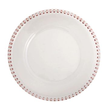 Decorative charger plate in clear with rose gold pearled edge.