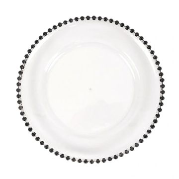 Clear decorative charger plate with black edge. 